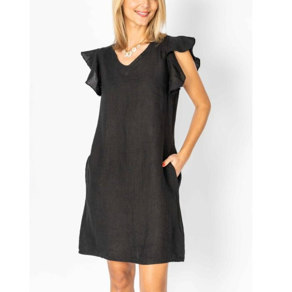 NWT Look Mode Black Linen Breeze Sheath Dress With Ruffled Cap Sleeves